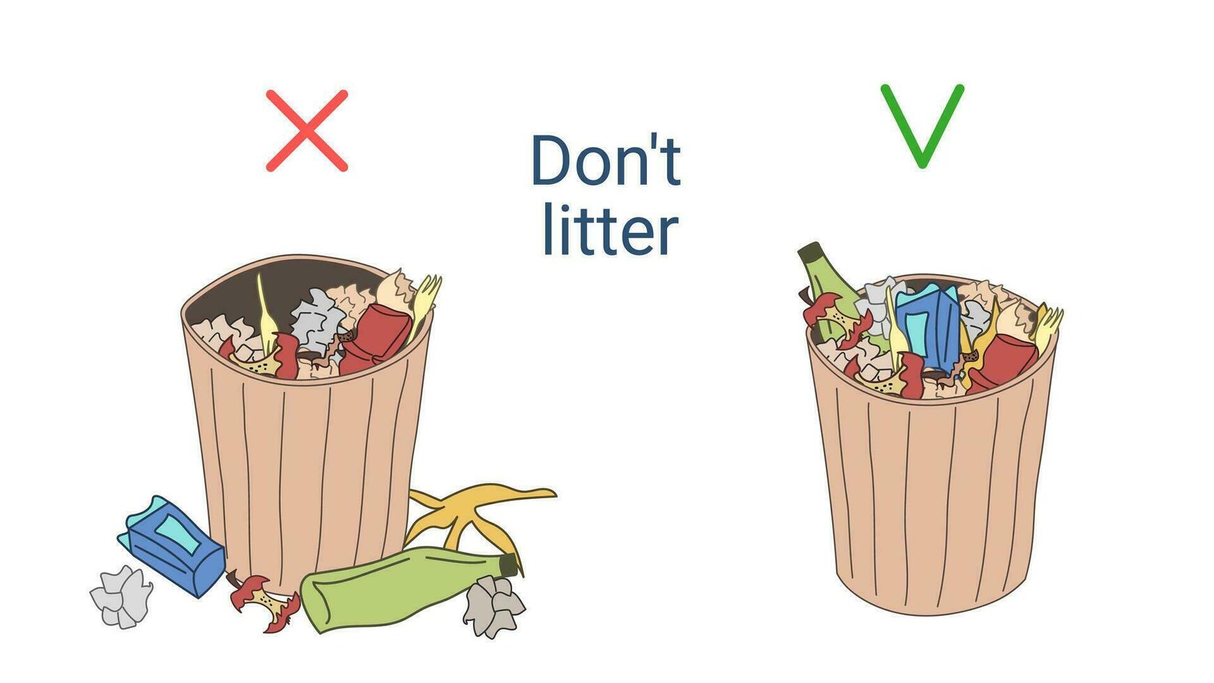 Do not litter. Throw trash in the rubbish bin. Rubbish bin with garbage