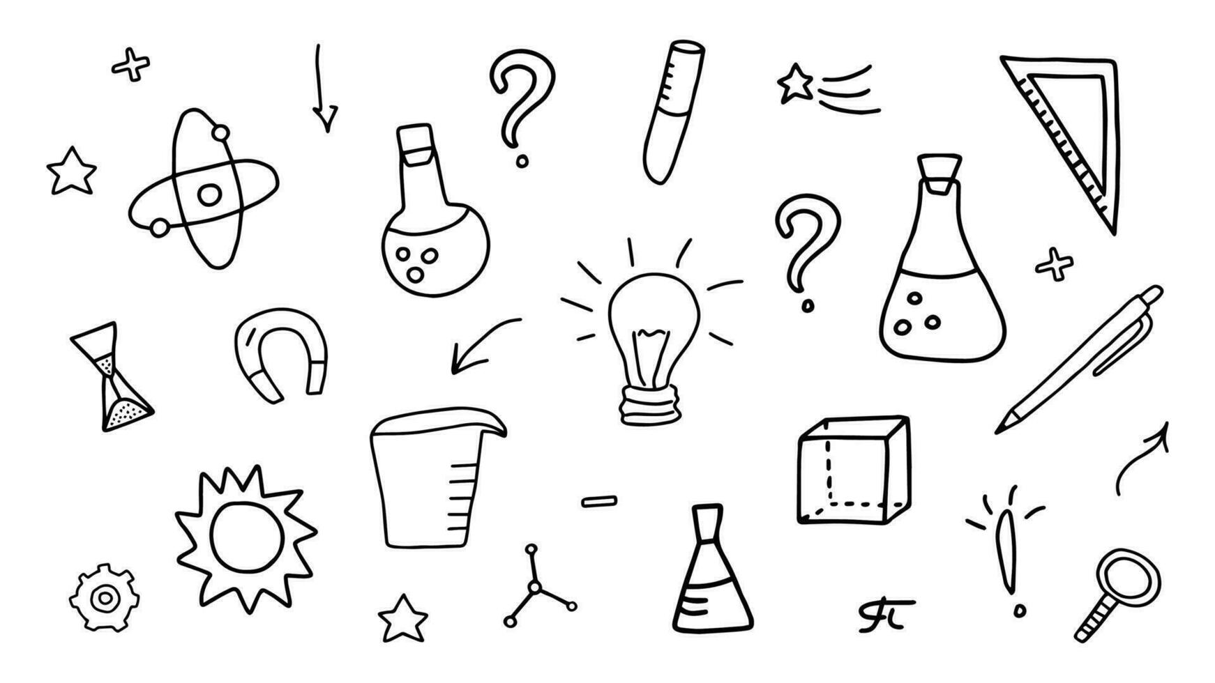 Doodle set on the theme of science, research and education, chemistry, astronomy, mathematics, physics, geometry and other sciences. Laboratory tools and equipment. Black and white outline. Vector