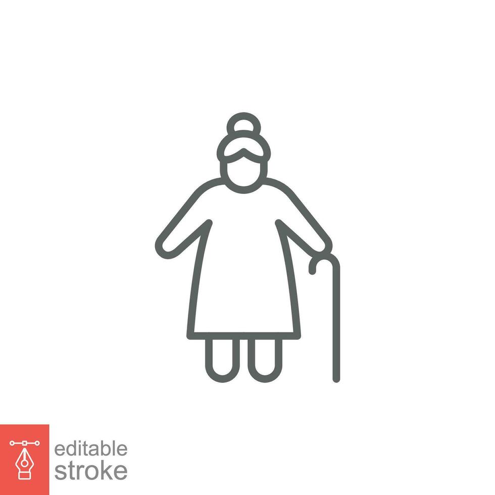 Old woman icon. Simple outline style. Person with cane, stick, elder, lady, granny, senior people concept. Thin line symbol. Vector illustration isolated on white background. Editable stroke EPS 10.