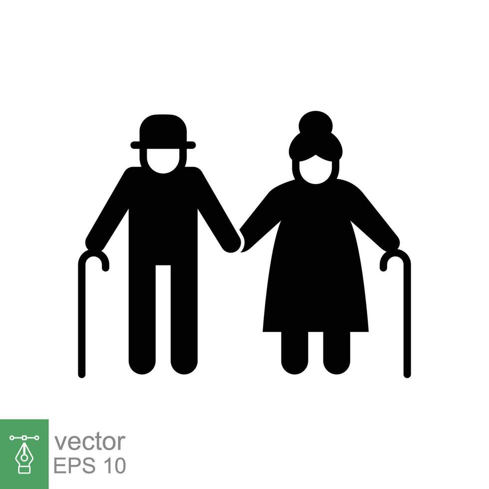 Elderly couple icon. Simple solid style. Grandparents holding hands, old, elder, senior, people concept. Black silhouette, glyph symbol. Vector illustration isolated on white background. EPS 10.