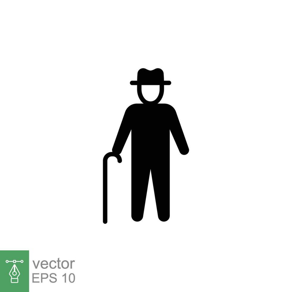 Old man icon. Simple solid style. Person with cane, stick, elder age, grandfather, senior people concept. Black silhouette, glyph symbol. Vector illustration isolated on white background. EPS 10.