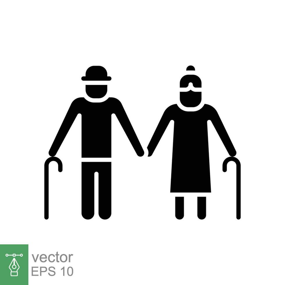 Elderly couple icon. Simple solid style. Grandparents holding hands, old, elder, senior, people concept. Black silhouette, glyph symbol. Vector illustration isolated on white background. EPS 10.