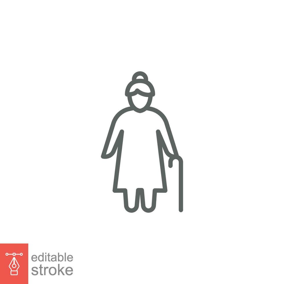 Old woman icon. Simple outline style. Person with cane, stick, elder, lady, granny, senior people concept. Thin line symbol. Vector illustration isolated on white background. Editable stroke EPS 10.