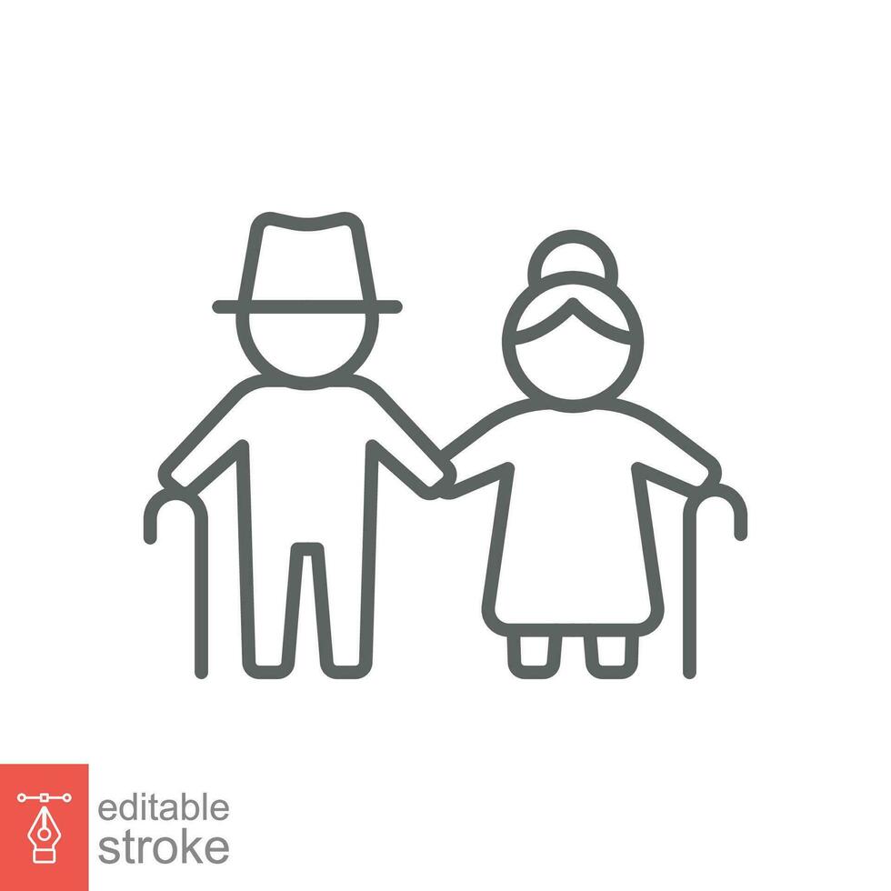 Elderly couple icon. Simple outline style. Grandparents holding hands, old, elder, senior, people concept. Thin line symbol. Vector illustration isolated on white background. Editable stroke EPS 10.