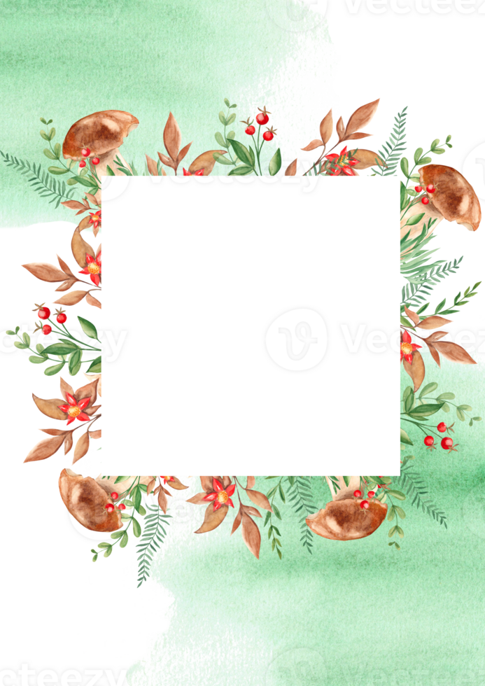 Floral card template with porcini mushrooms, oak leaves, wilflowers and red berries, green watercolor splashes. Forest square frame. Hand drawn botanical illustration. For save the date cards. png