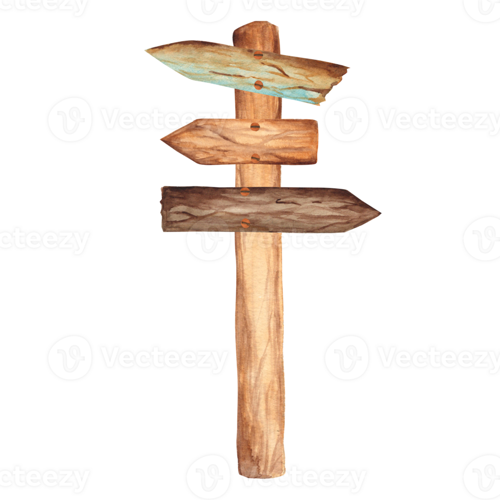 vieux en bois poteau indicateur avec flèches trafic panneaux. main tiré aquarelle illustration. png