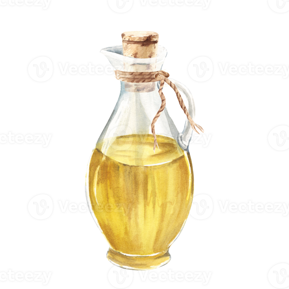 Olive oil in glass jug with cork and jute cord. Hand drawn watercolor illustration. For menu, product and italian, greek, spanish cuisine design png