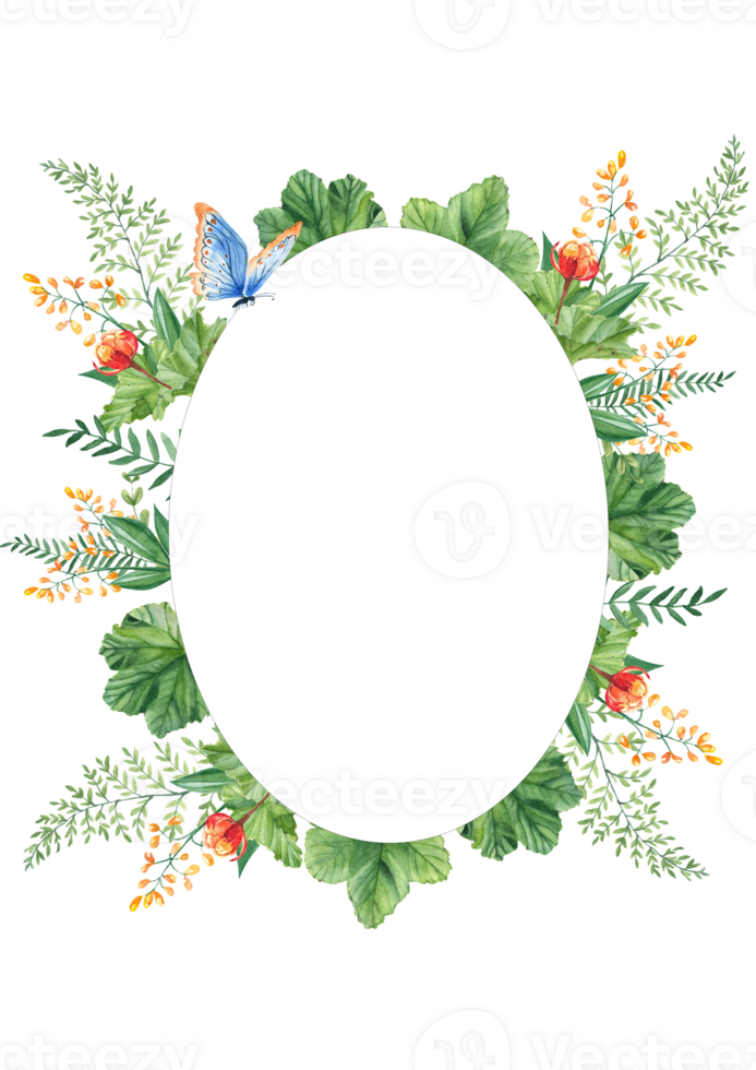 Floral card template with cloudberry leaves and berries, fern, green branches, yellow wildflowers, blue butterfly. For save the date, greeting cards, poster. png