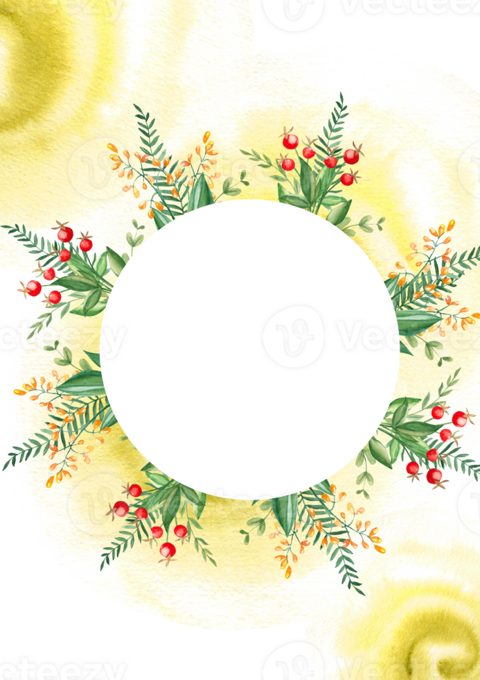 Floral card template with red berries, fern, green branches, yellow wildflowers, watercolor splashes. Round forest frame. For save the date, greeting cards, poster, anniversary, baby shower. png