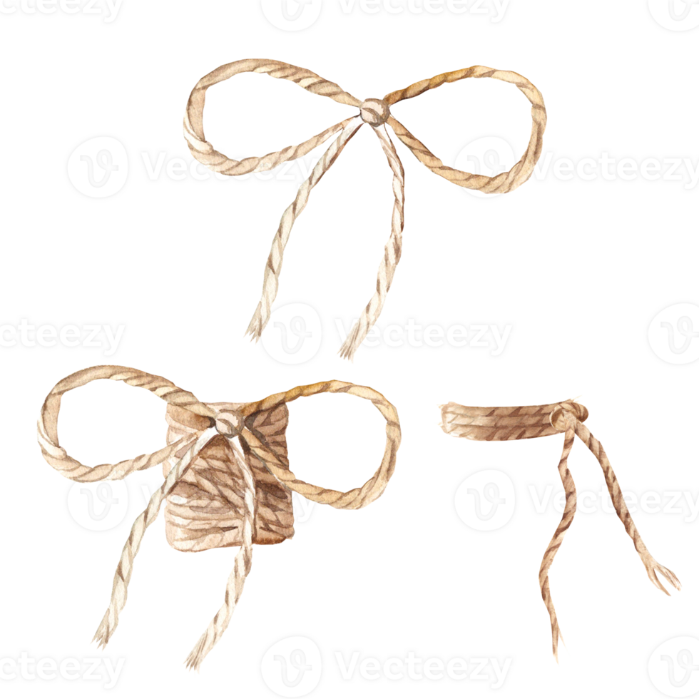Set of tied jute cords and bows. Hand drawn watercolor illustration. For bouquets and gifts design. Rustic decoration. png