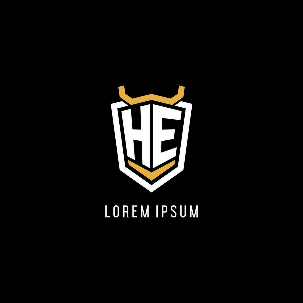 Initial HE geometric shield esport logo monogram design style vector