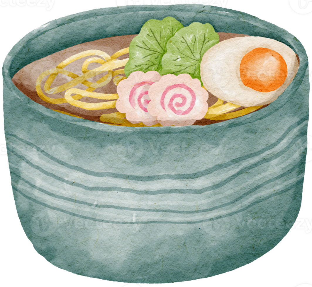 Japanese noodles with eggs, vegetables and Naruto fish balls watercolor style painting png