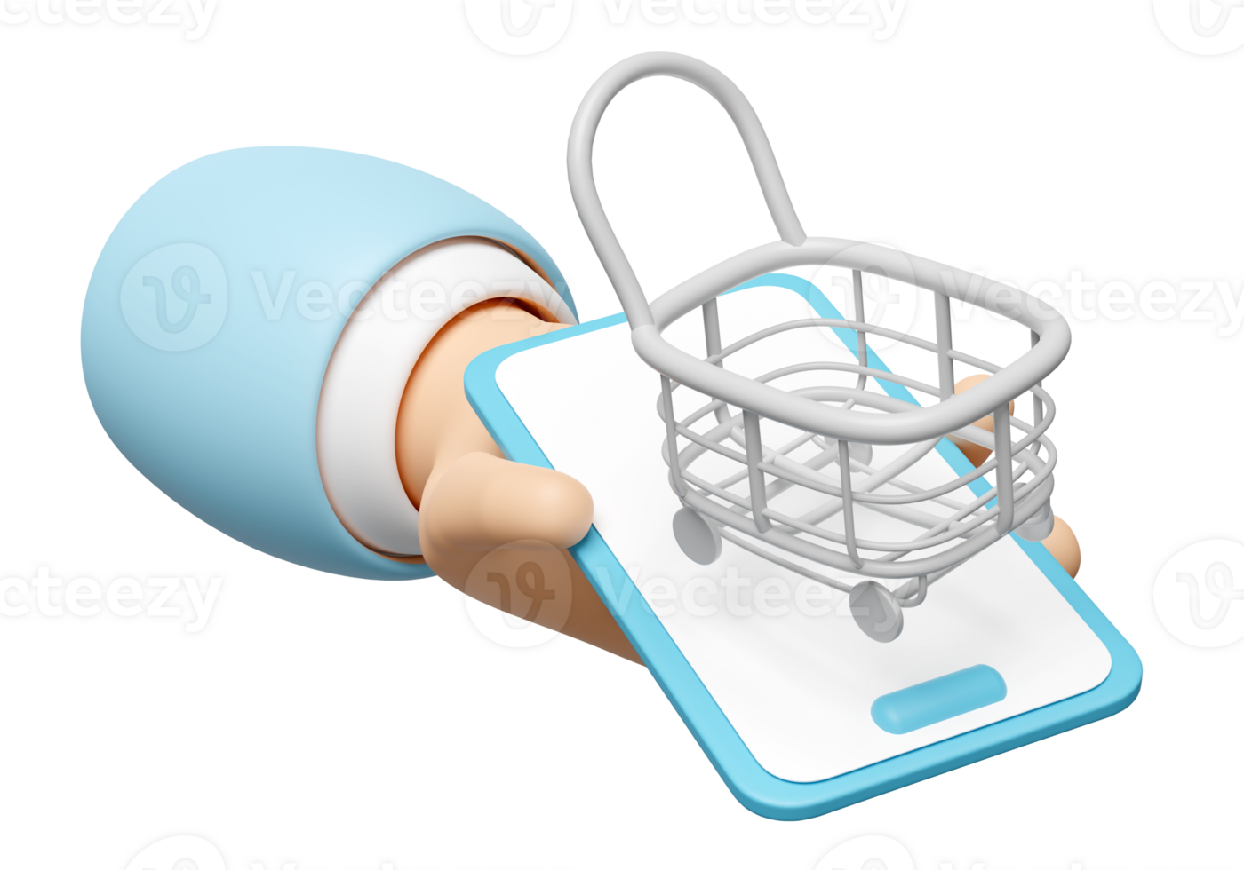 3d hand- Holding smartphone met boodschappen doen karren, mand geïsoleerd. online boodschappen doen concept, 3d geven illustratie png