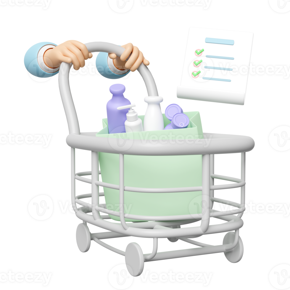 hand pushing a shopping cart with  checklist, shopping paper bags miscellaneous isolated. 3d illustration render png