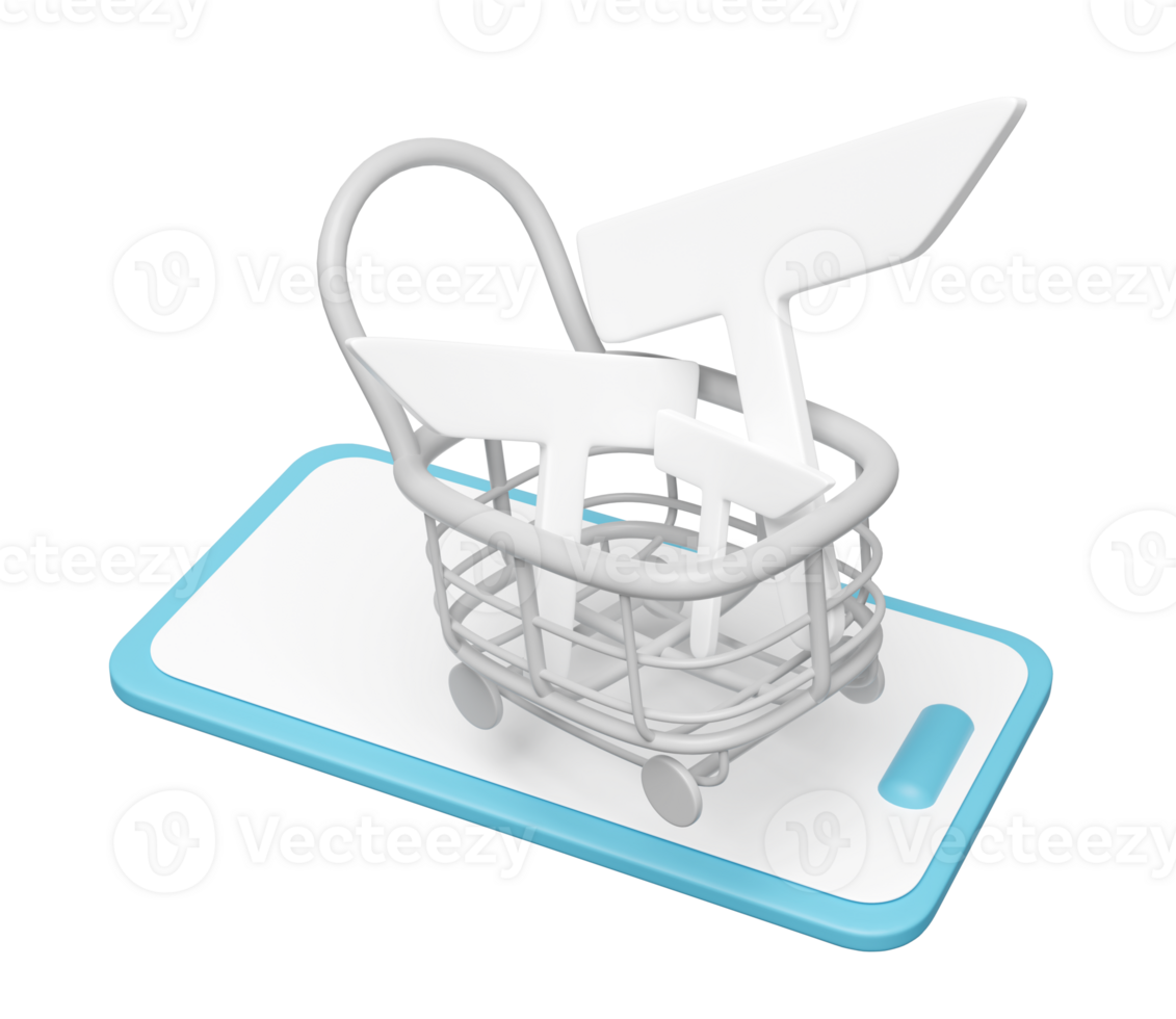 3d mobile phone, smartphone with shopping carts, basket, road signboard or signpost, pin isolated. online shopping concept, 3d render illustration png