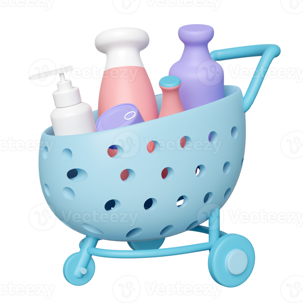 shopping cart, basket with miscellaneous isolated. 3d illustration render png