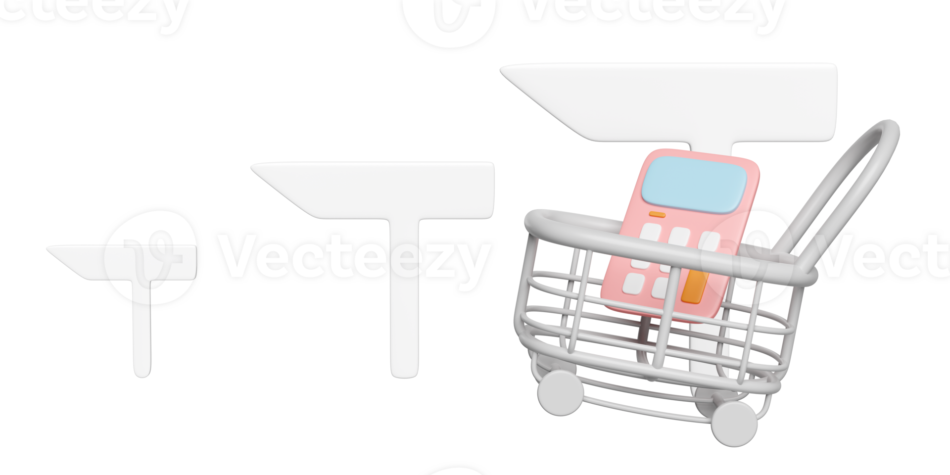 3d shopping carts, basket with signboard or signpost, pin, calculator isolated. 3d render illustration png
