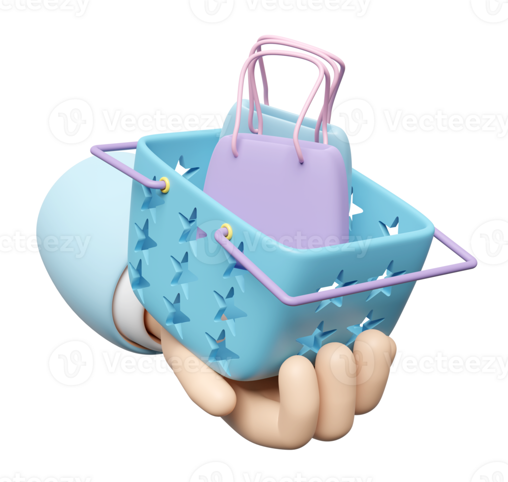 cartoon hands holding basket with  shopping paper bags isolated. 3d illustration render png
