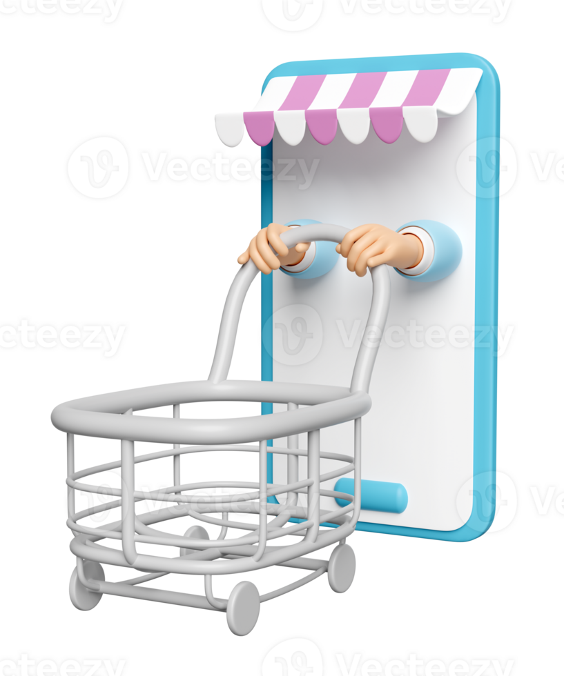 3d mobile phone, smartphone with store front, hand pushing a shopping carts isolated. online shopping, concept, 3d render illustration png