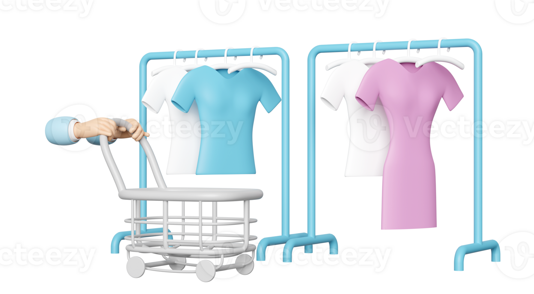 hand pushing a shopping carts empty with coat rack, shirt, hanger isolated. 3d render illustration png