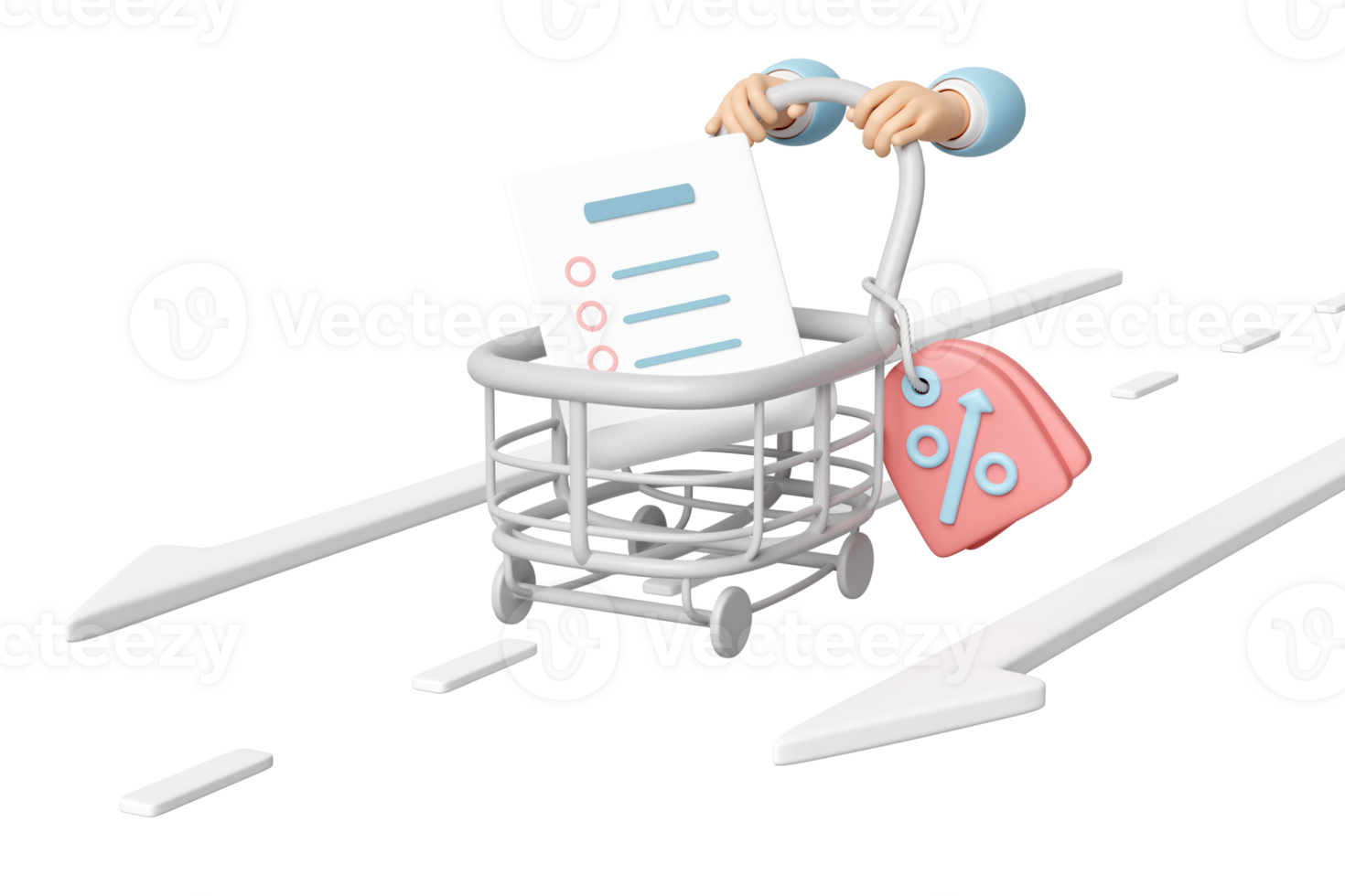 3d hand pushing a shopping carts  with checklist, discount sales, price tags coupon isolated. purchase target concept, 3d render illustration png