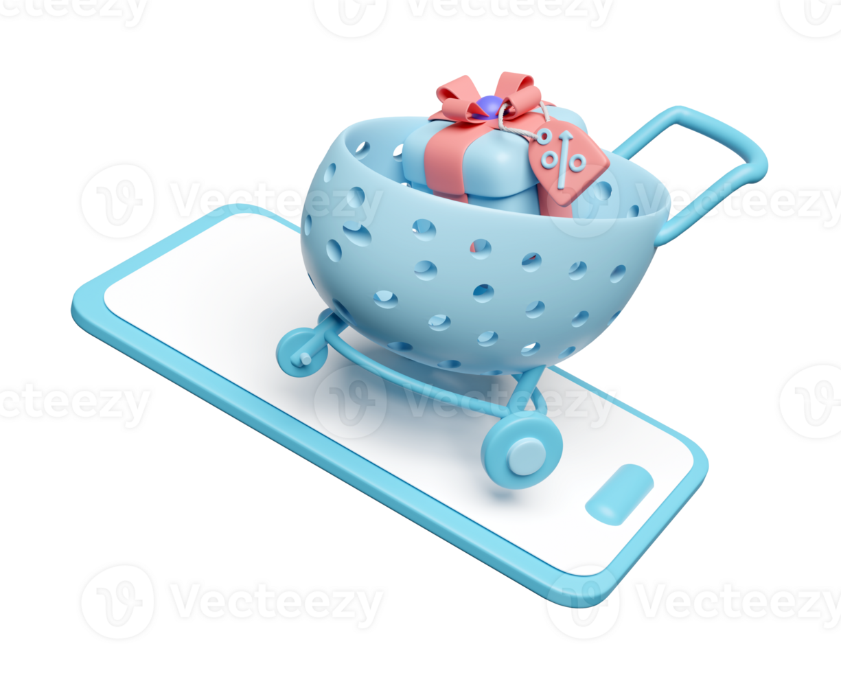 3d mobiel telefoon, smartphone met boodschappen doen karren, mand, geschenk doos geïsoleerd. online boodschappen doen concept, 3d geven illustratie png