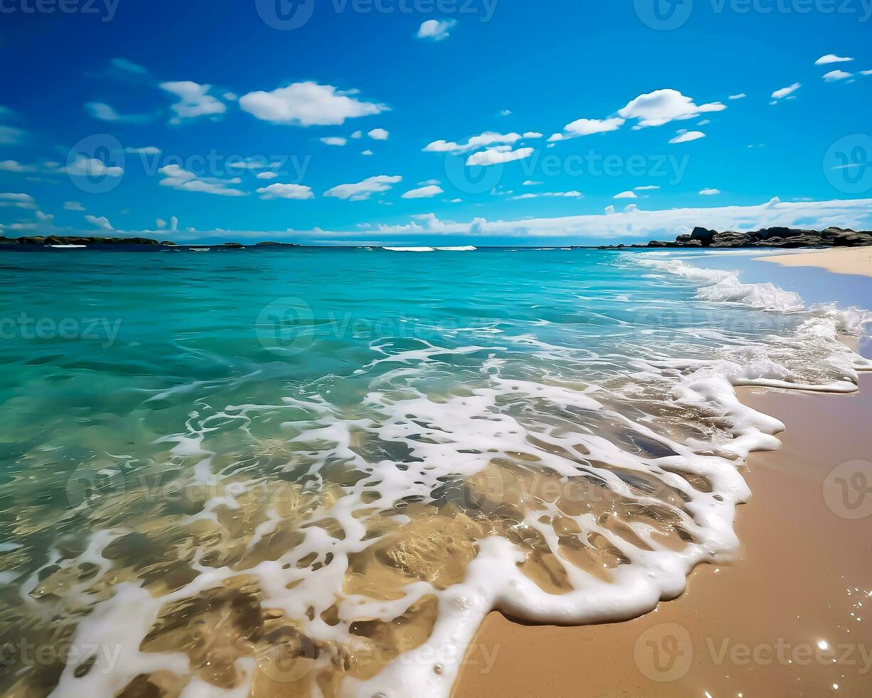 AI generated tranquil beach scene with clear blue sky. photo