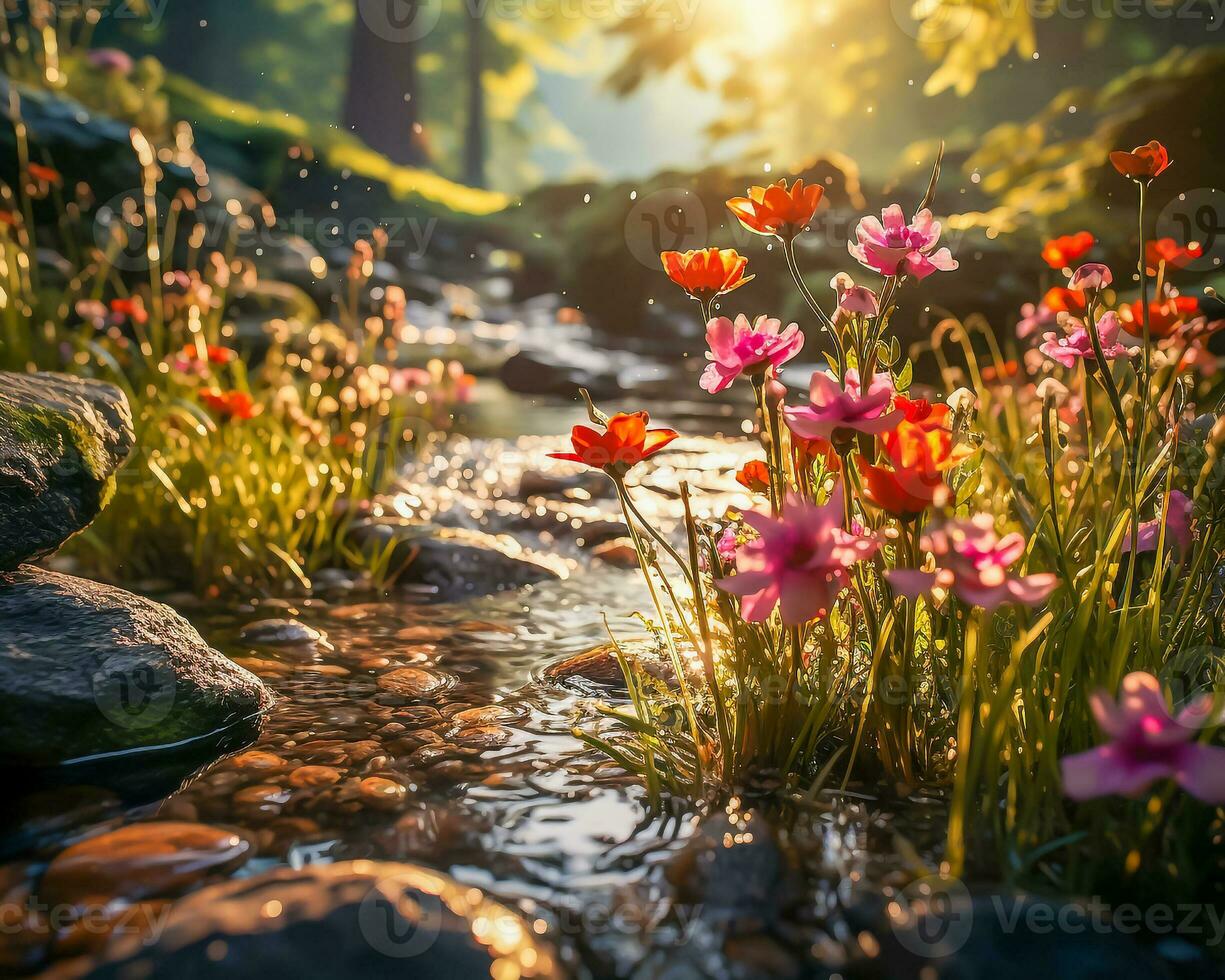 AI generated. Mesmerizing flowers by a crystal clear stream. photo