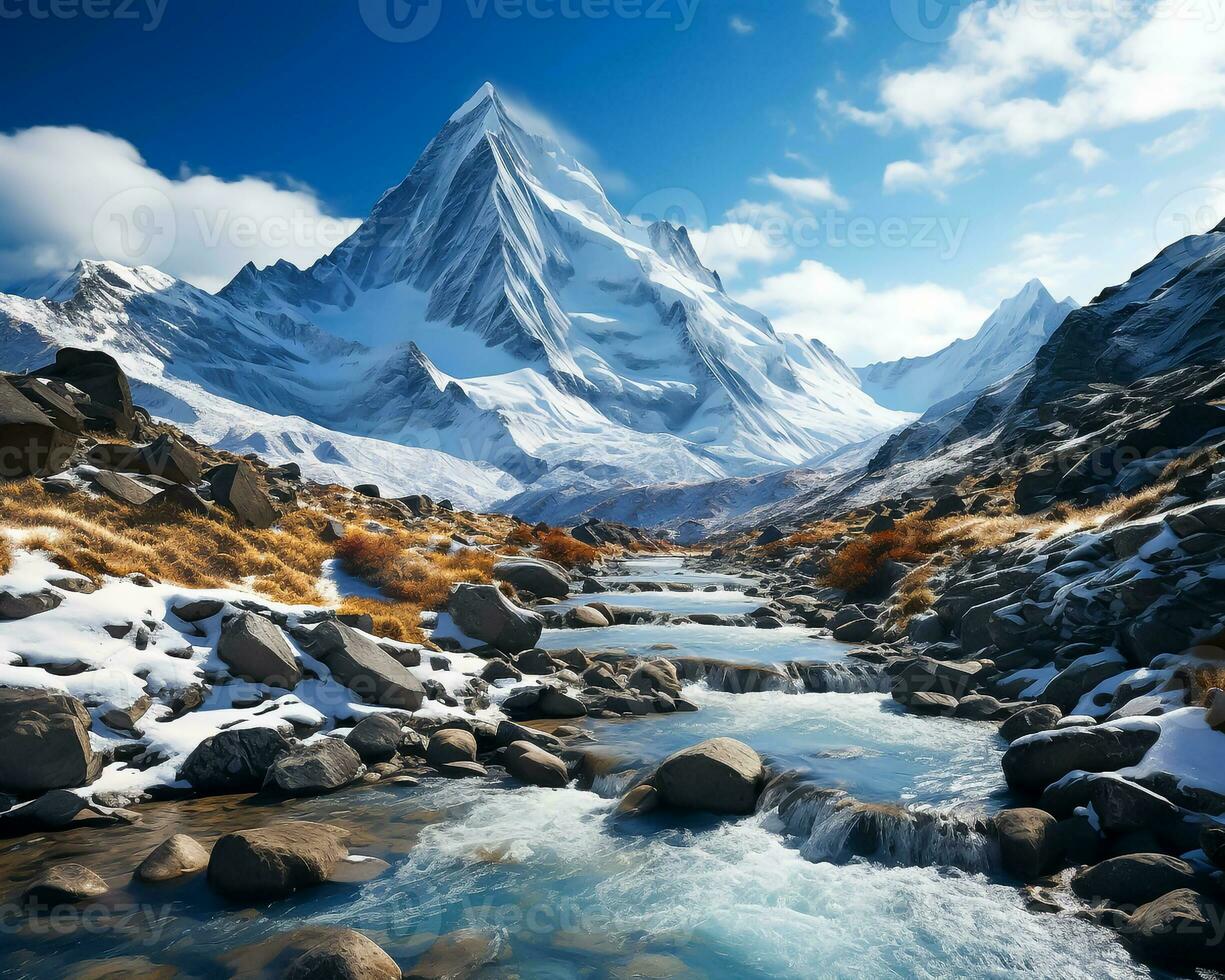 AI generated majestic snow capped mountain in winter. photo