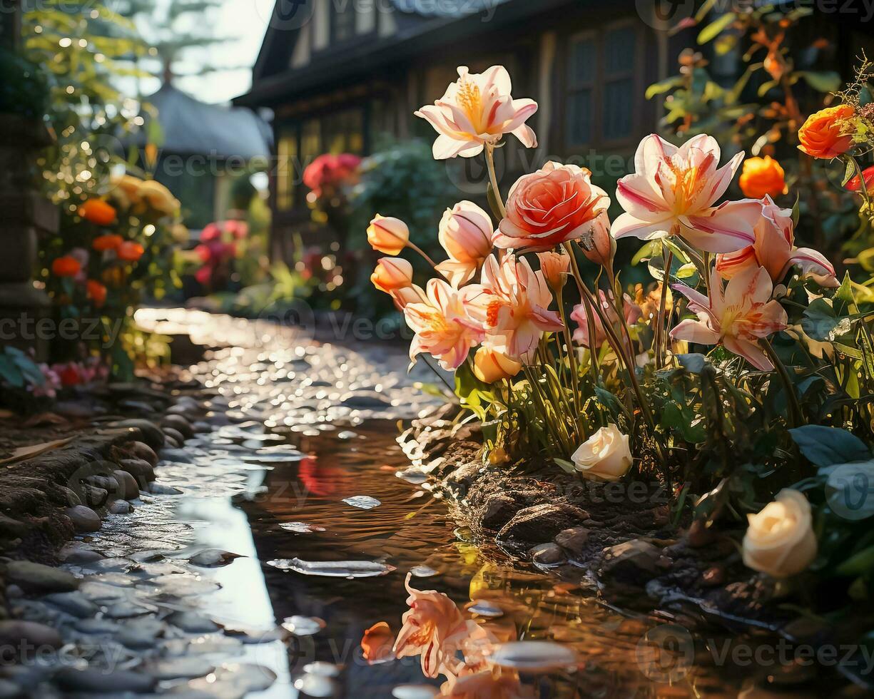 AI generated Image. A beautiful flower thriving beside a flooded walkway. photo