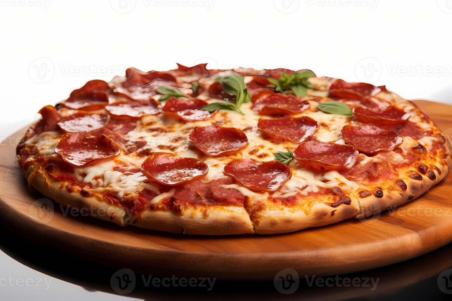 tradicional italiano cocina. delicioso pepperoni Pizza rebanadas en un de madera tablero ai generativo en blanco antecedentes foto