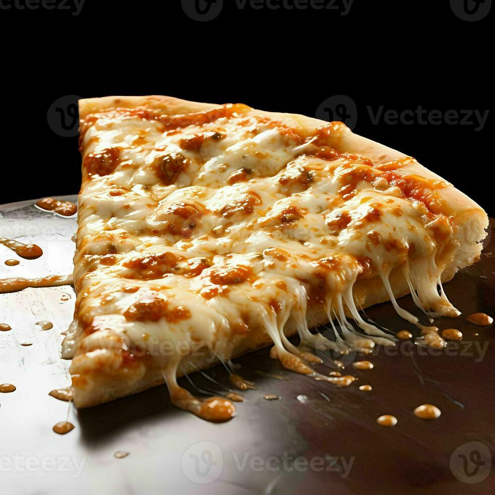 closeup of a slice of cheese pizza with dripping Melt mozzarella on dark background AI Generative photo