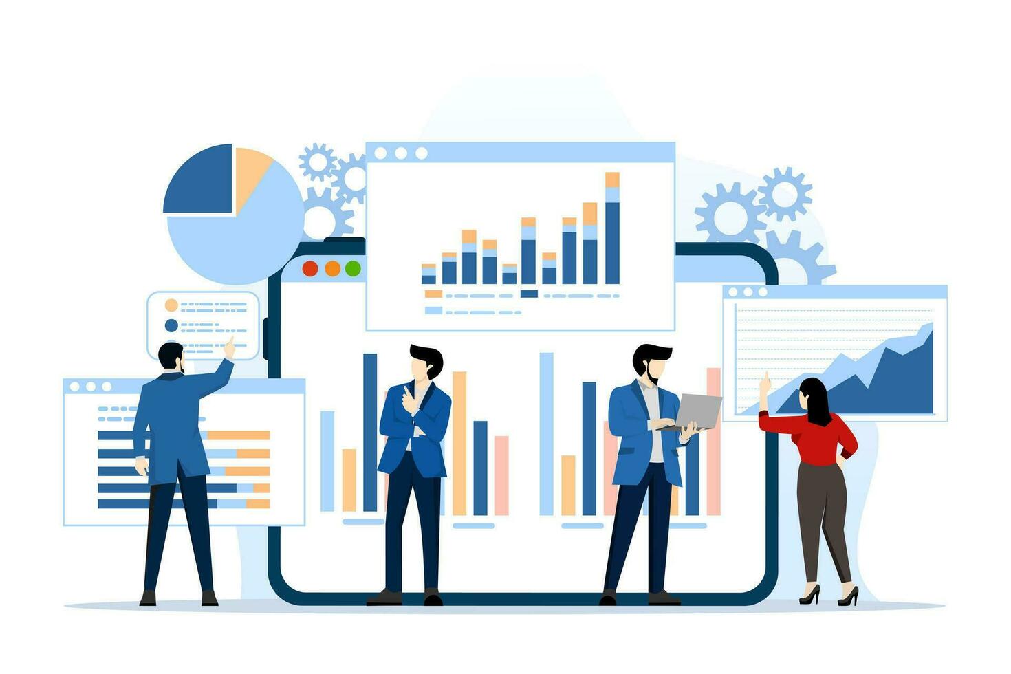 business data analysis research concept and Data Scientist team meeting. with business people working together on report graph dashboard monitor. and finance investment planning concept. vector