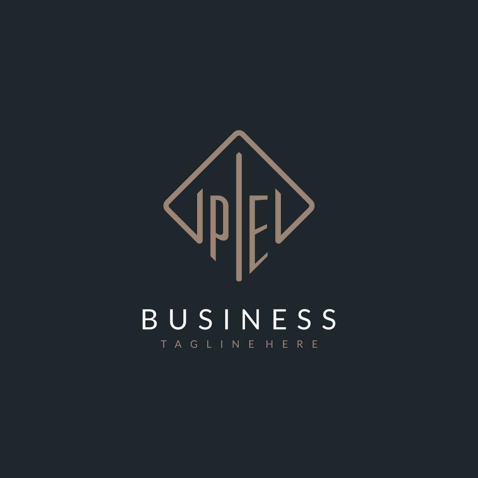 PE initial logo with curved rectangle style design vector