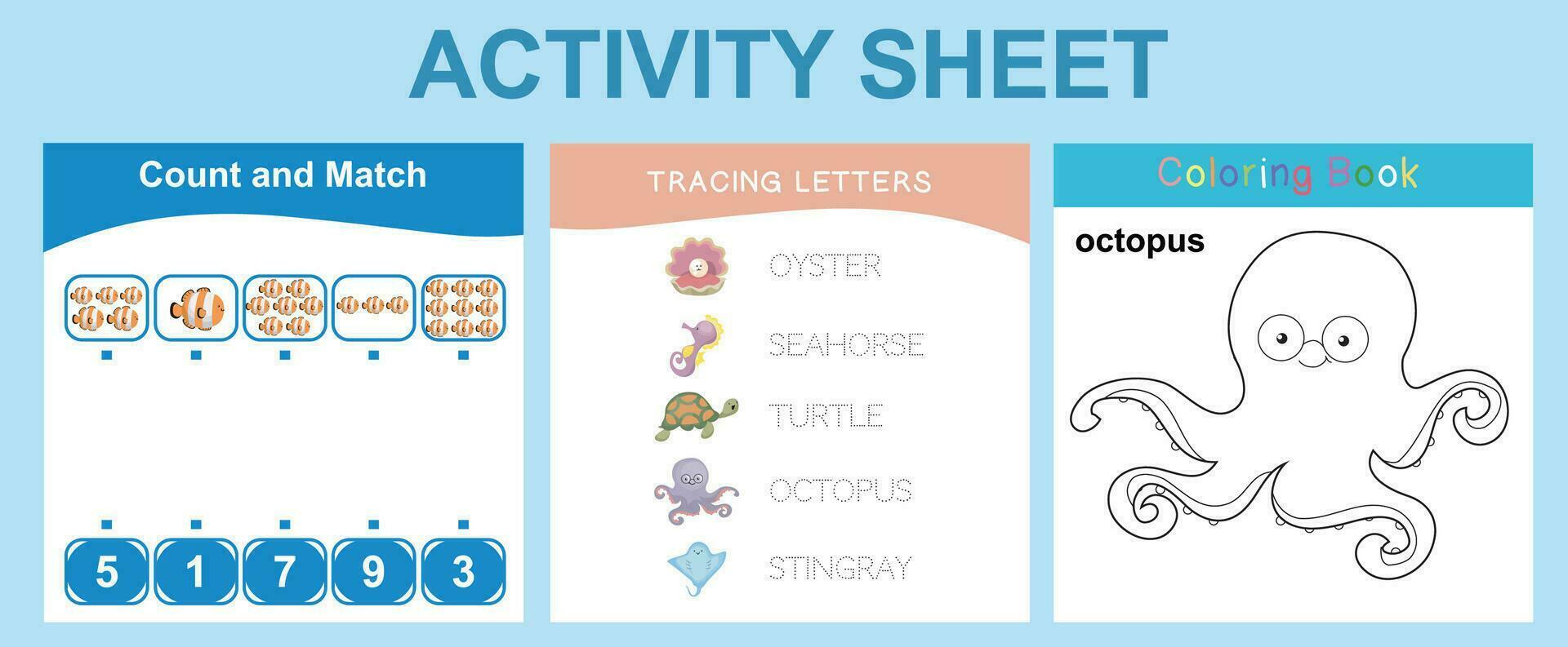 Educational printable worksheet. Activity sheet for children with sea animal theme. Mathematic counting, tracing letters and coloring worksheet. Vector illustrations