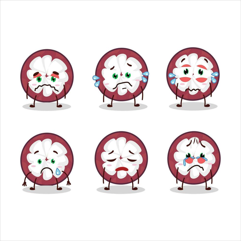 Slice of mangosteen cartoon character with sad expression vector