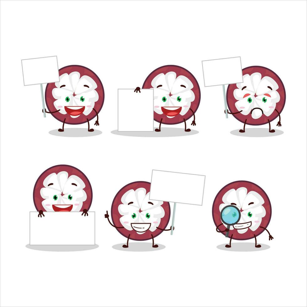 Slice of mangosteen cartoon character bring information board vector