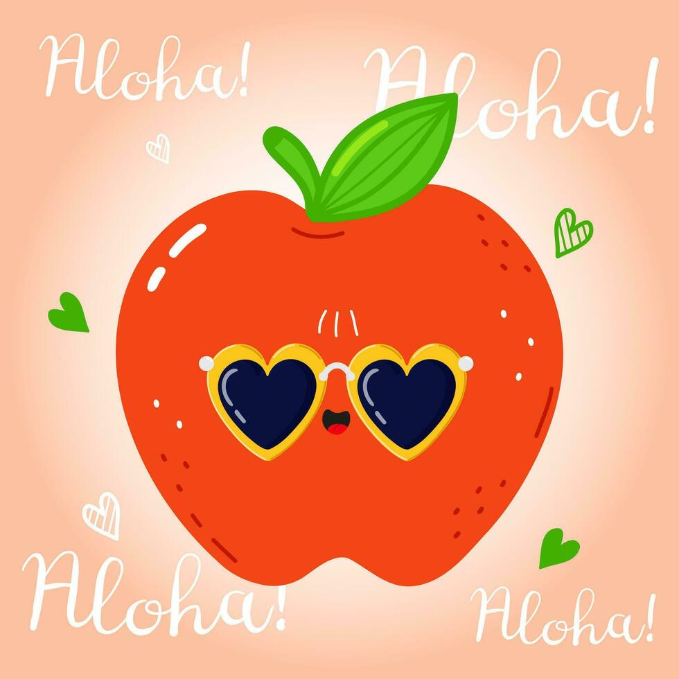Cute funny Red Apple character. Vector hand drawn cartoon kawaii character illustration icon. Isolated on pink background. Red Apple fruit character concept. Aloha card