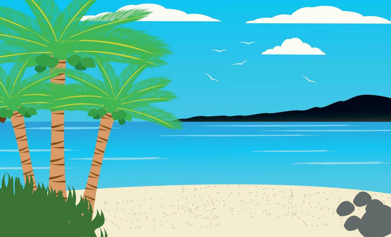 It's summer time banner with coconut tree, grass and lifebuoy on a sunny summer background. vector