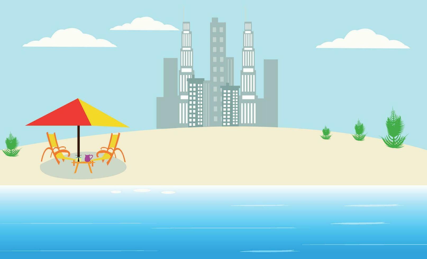 It's summer time banner with coconut tree, grass and lifebuoy on a sunny summer background. vector