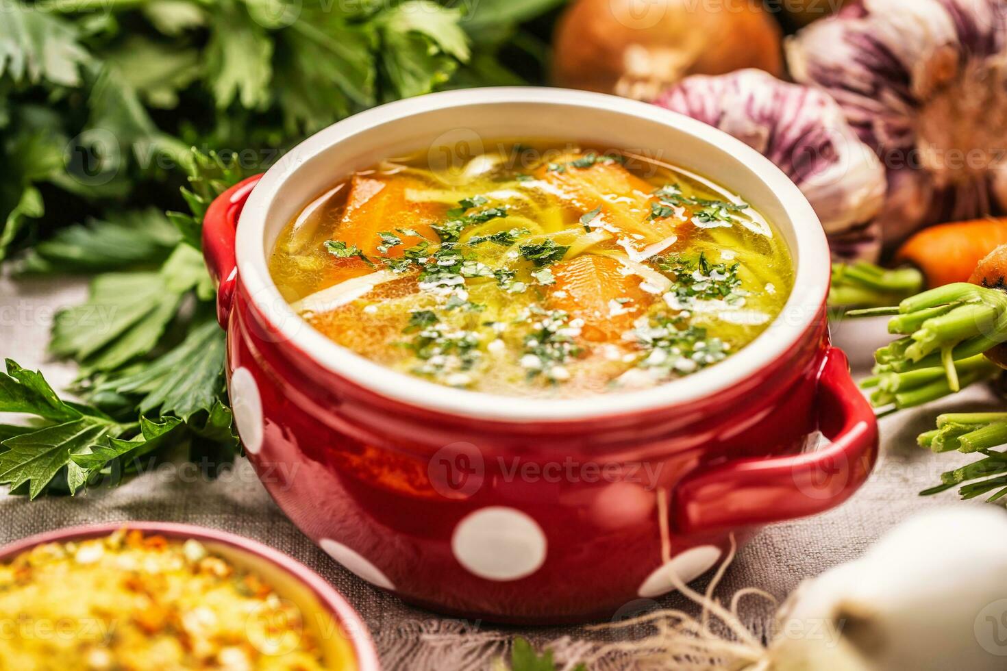 pollo sopa caldo en un Clásico cuenco con hecho en casa tallarines Zanahoria cebolla apio hierbas ajo y Fresco vegetales foto