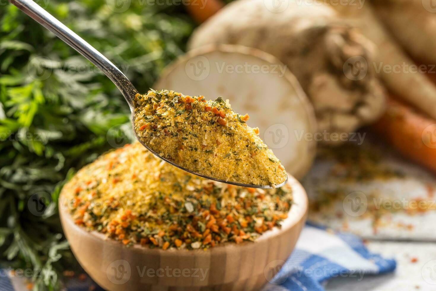 Seasoning spices condiment vegeta from dehydrated carrot parsley celery parsnips and salt with or without glutamate photo