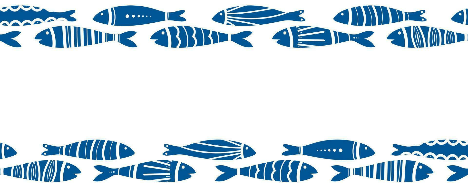 Blue fish swimming vector seamless border. Shoal of fishes isolated on white. Tiling fish pattern. Hand drawn marine illustrations of fish and sea elements. Summer sea beach style