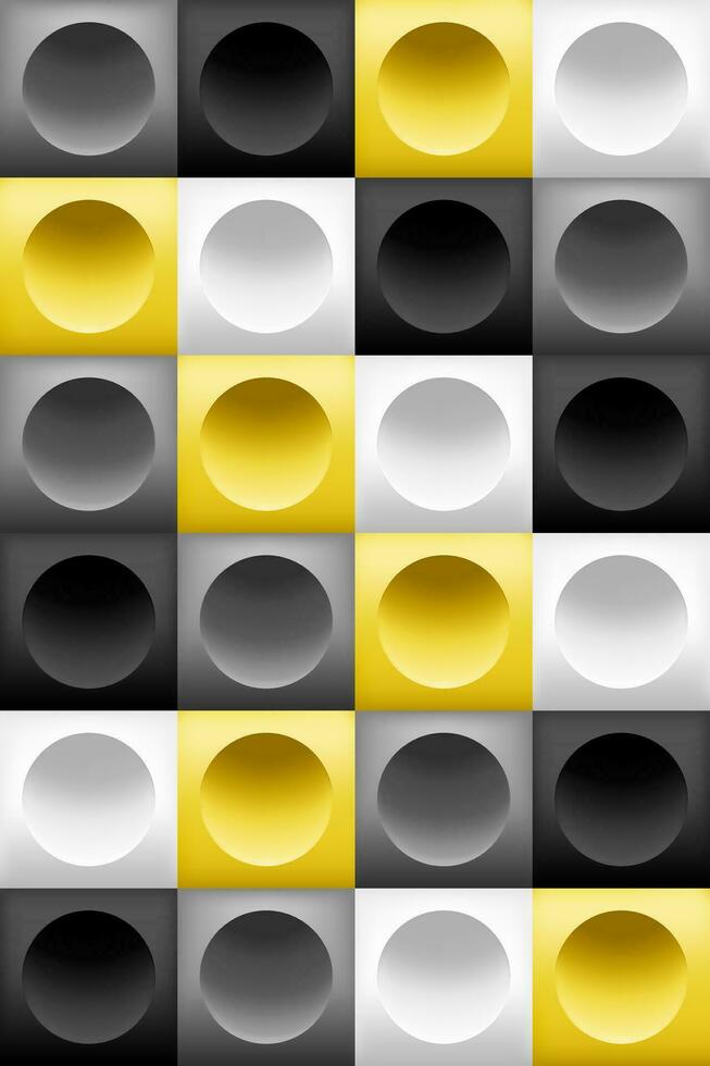 Pattern background square block, 3D circle, yellow white gray black gradient. Color trend of 2021. Art elements for design tile, cover, poster, textile, flyer, banner, wall. Vector illustration.