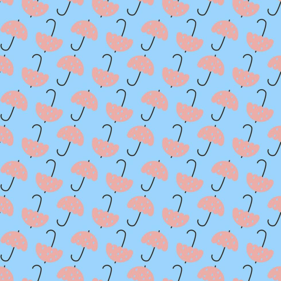 Seamless geometric pattern with pink umbrellas on light blue background. Vector print for fabric background