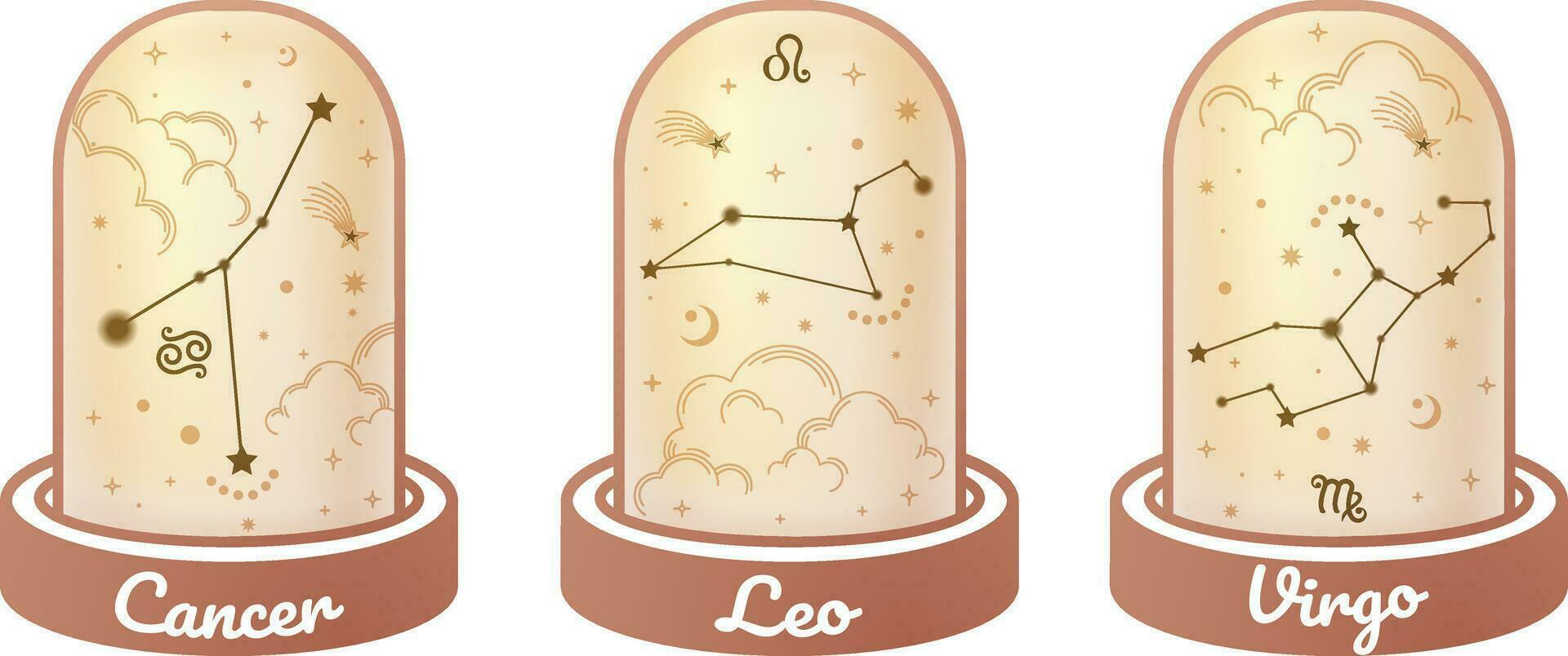 Cancer, Leo, and Virgo zodiac symbols and star signs constellation simple styles surrounded by moon, stars, and stardust in the magic jar, esoteric, and boho styles. vector