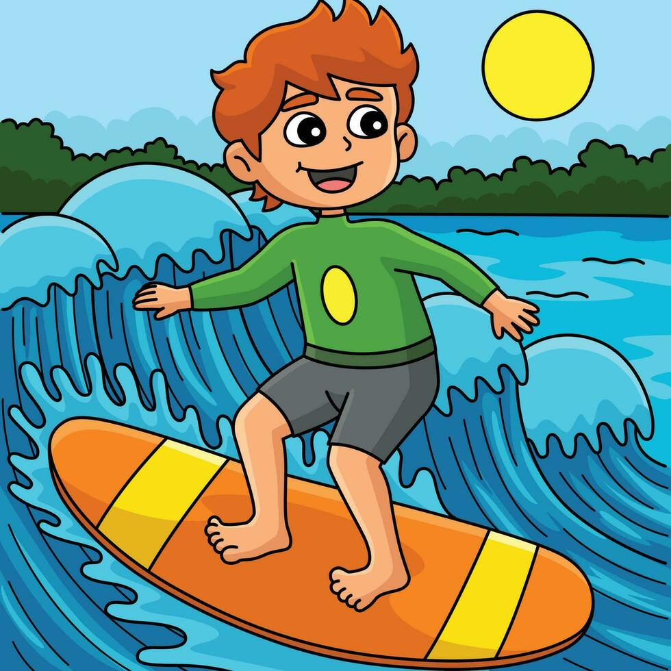 Boy Surfing in Summer Colored Cartoon Illustration vector