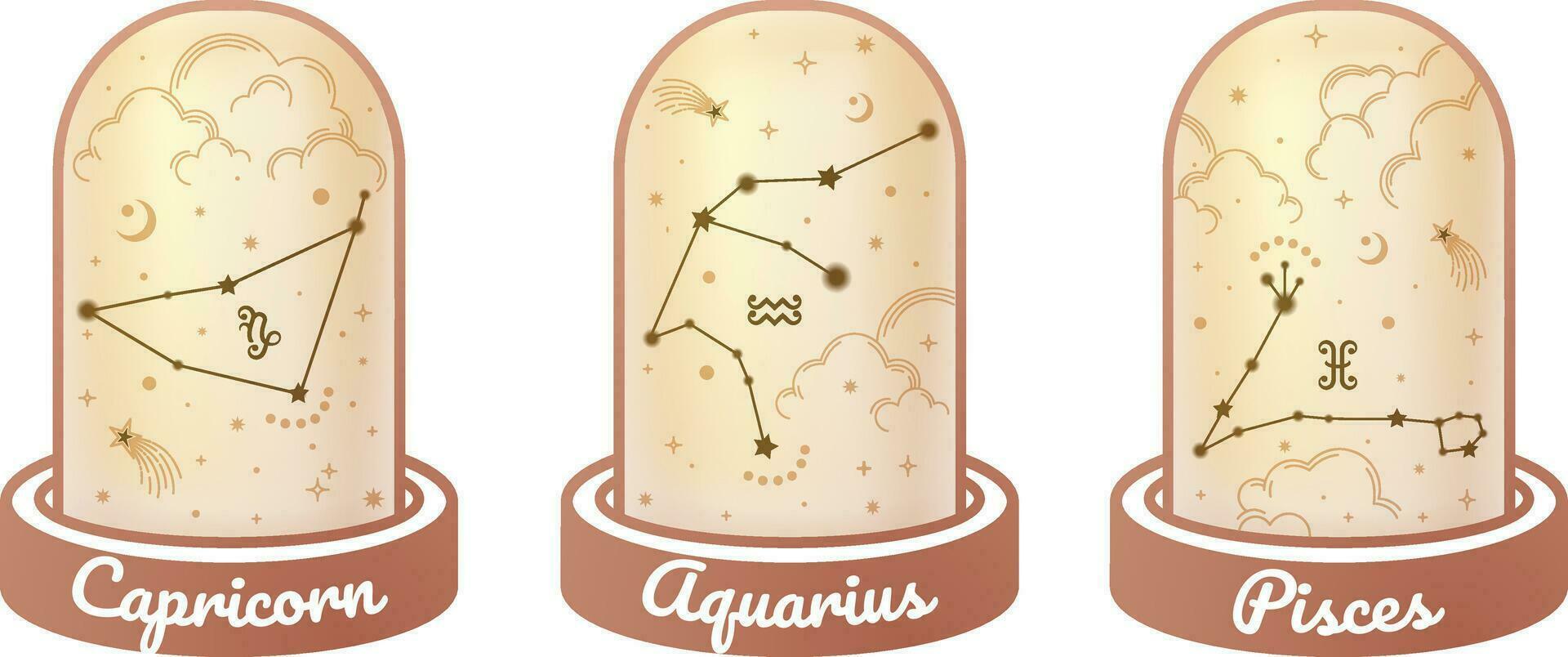 Capricornio, Acuario, y Piscis zodíaco símbolos y estrella señales constelación sencillo estilos rodeado por dorado nubes, luna, estrellas, y polvo de estrellas en el magia frasco, esotérico. vector