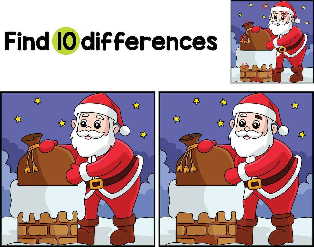 Christmas Santa On a Chimney Find The Differences vector