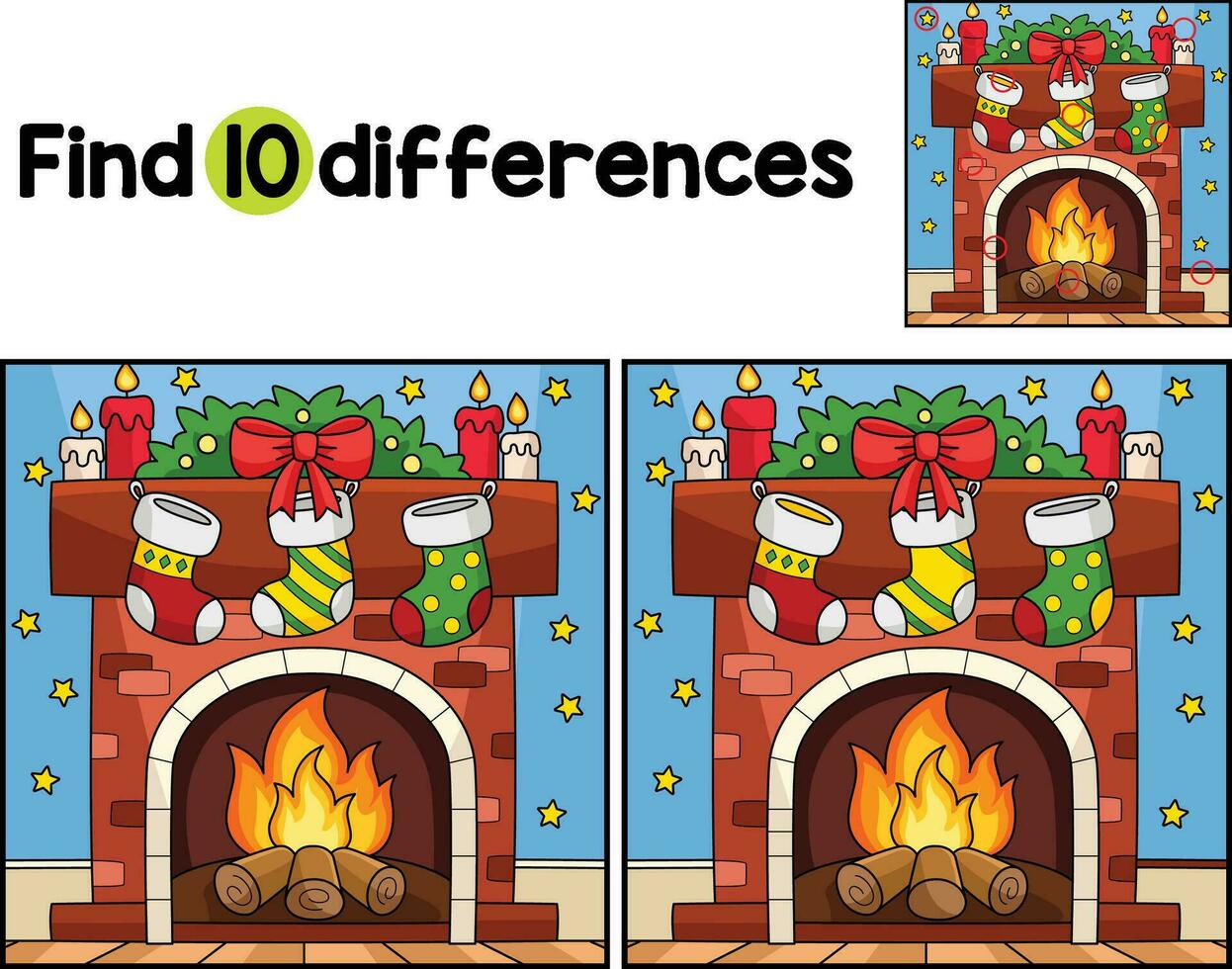Christmas Fireplace Stocking Find The Differences vector